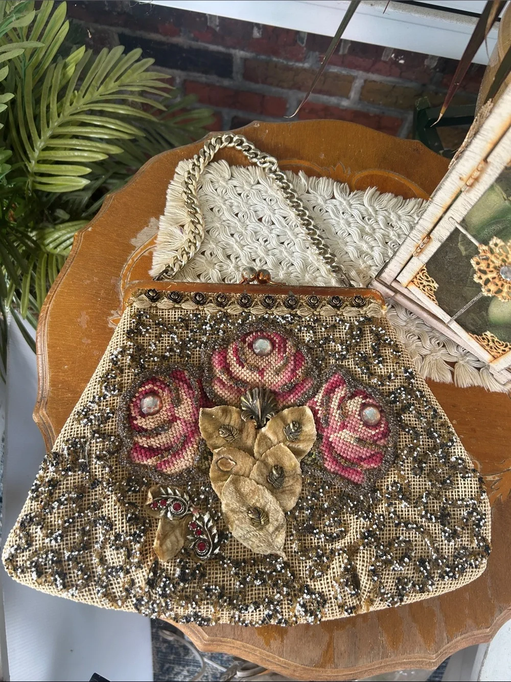 Vintage Rose Needlepoint & Beaded Bag